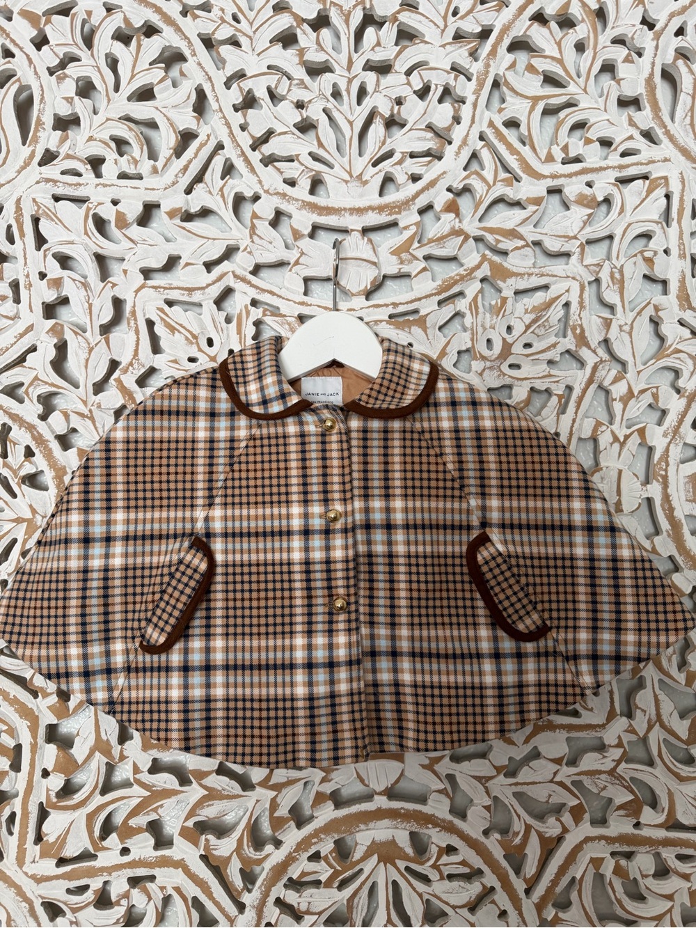 Janie and Jack Tan Plaid Cape with Brown Trim